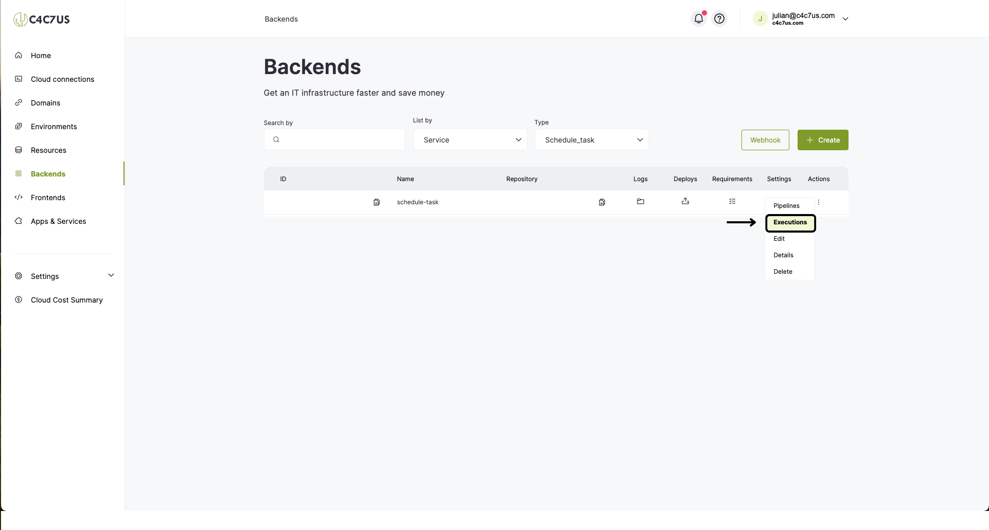 C4C7OPS cron executions in backends home